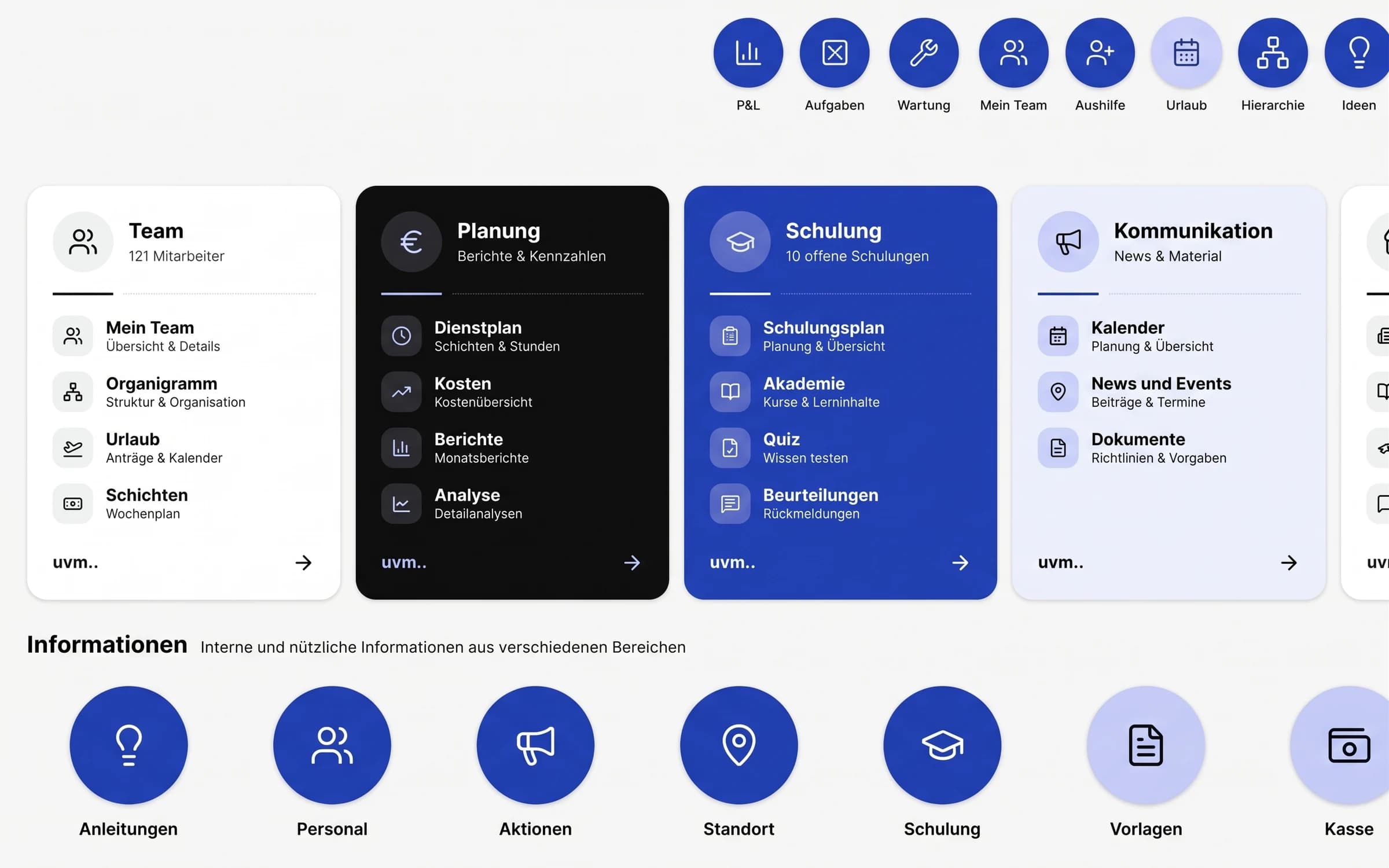 Startseite der internen Plattform: Module Team, Planung, Schulung und Kommunikation mit Schnellzugriff