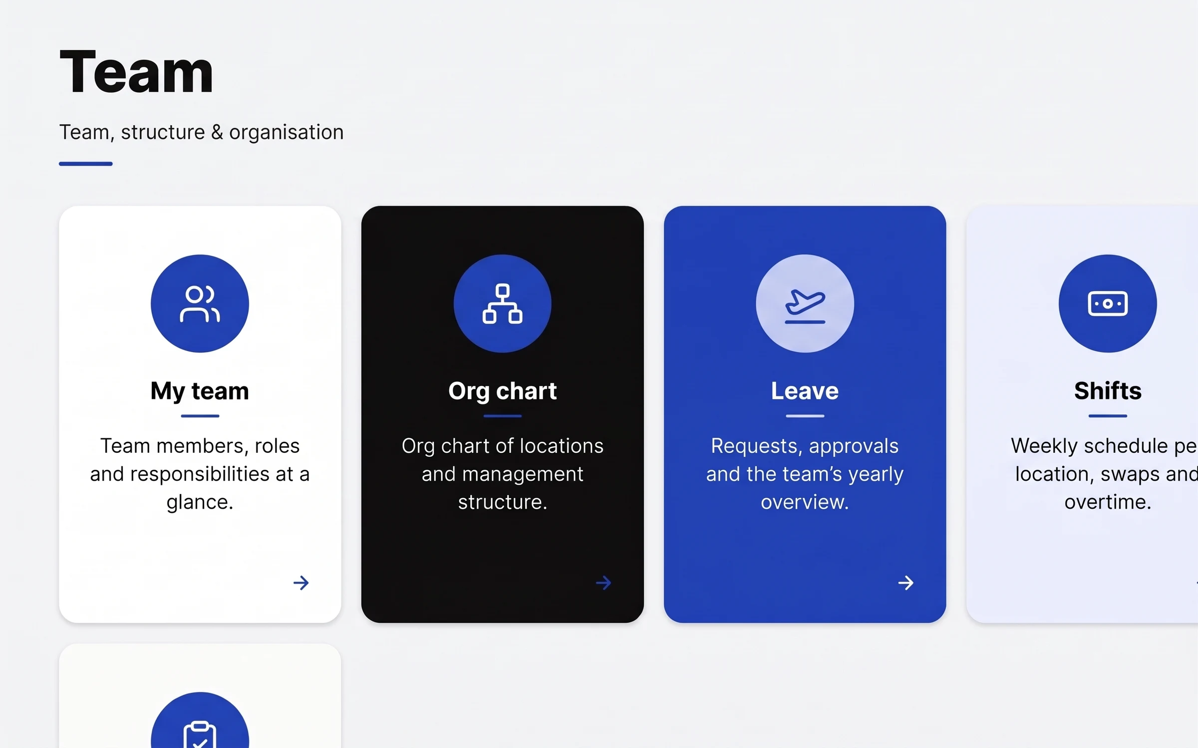 Team module: my team, org chart, leave and shifts