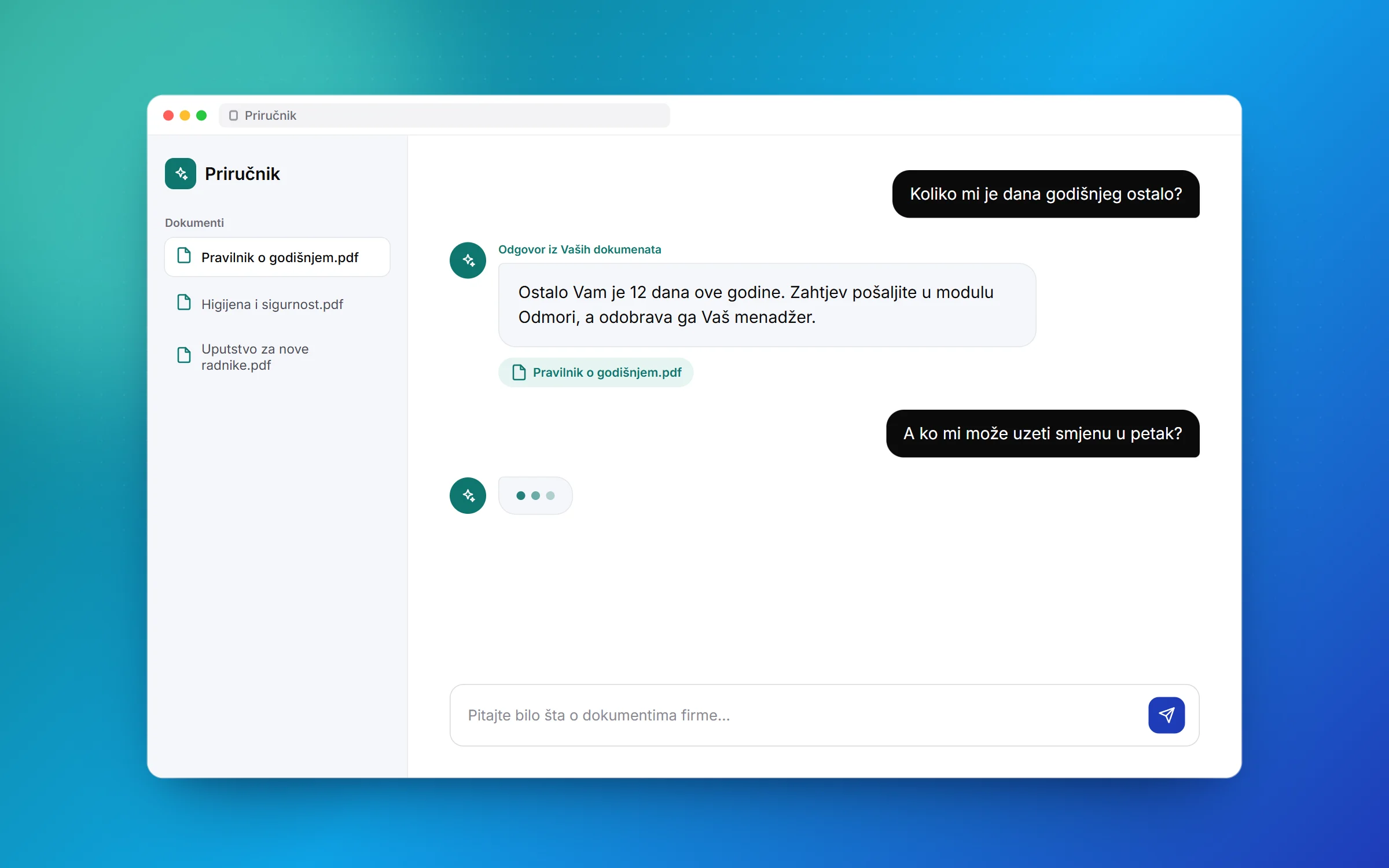 AI asistent u web aplikaciji: odgovor na pitanje zaposlenog iz internih dokumenata, s izvorom