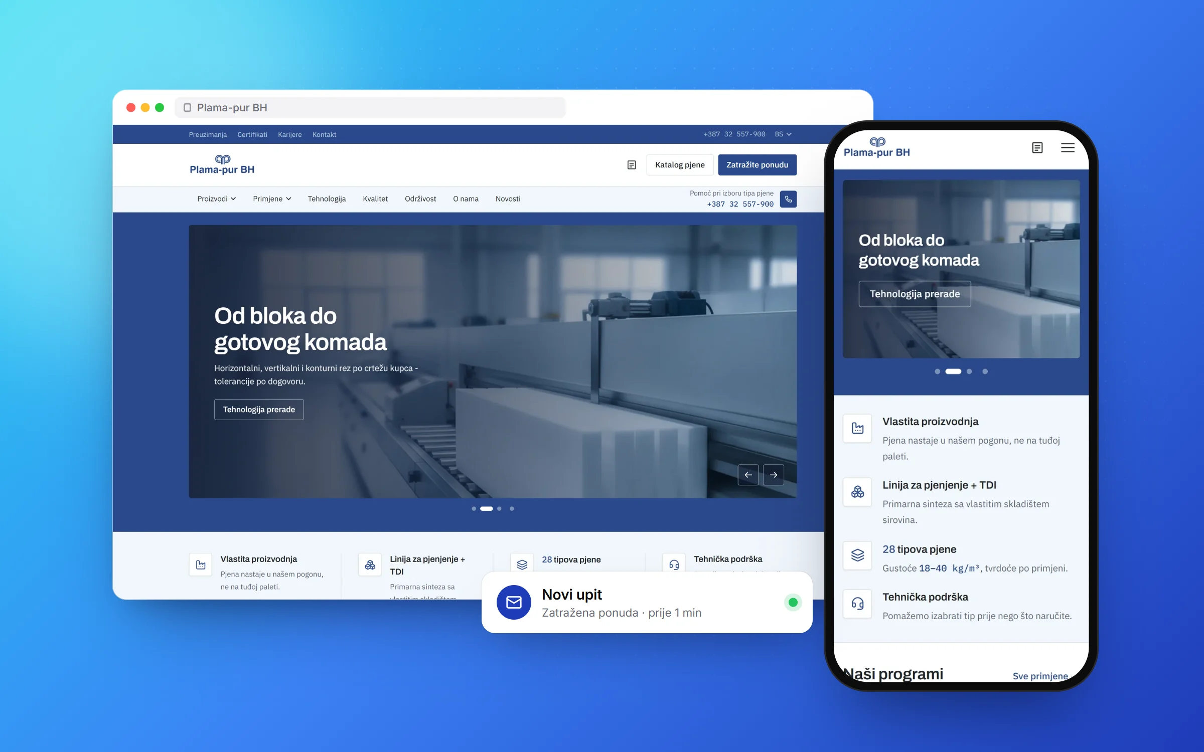 Web stranica Plama-pur na desktopu i mobitelu i obavijest o novom upitu za ponudu