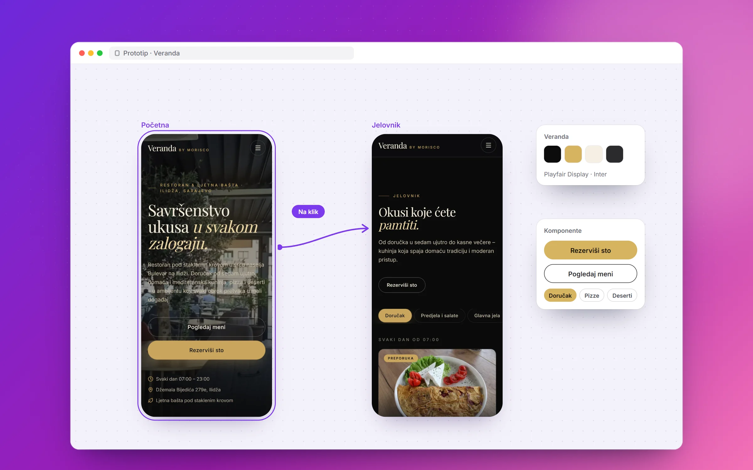 UI/UX dizajn: prototip mobilne stranice restorana Veranda s dva povezana ekrana
