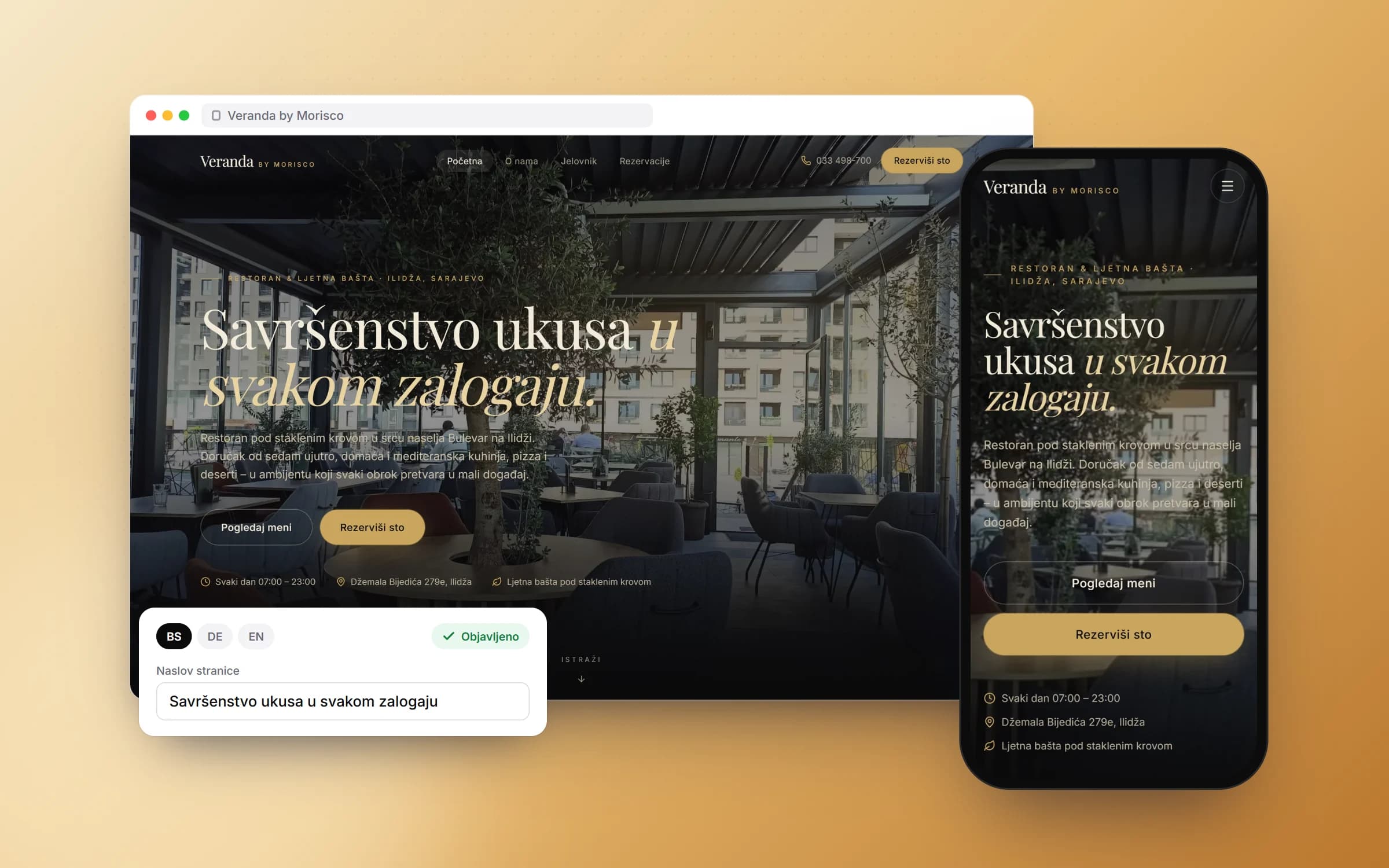 Web stranica restorana Veranda na desktopu i mobitelu, uz urednik sadržaja na tri jezika