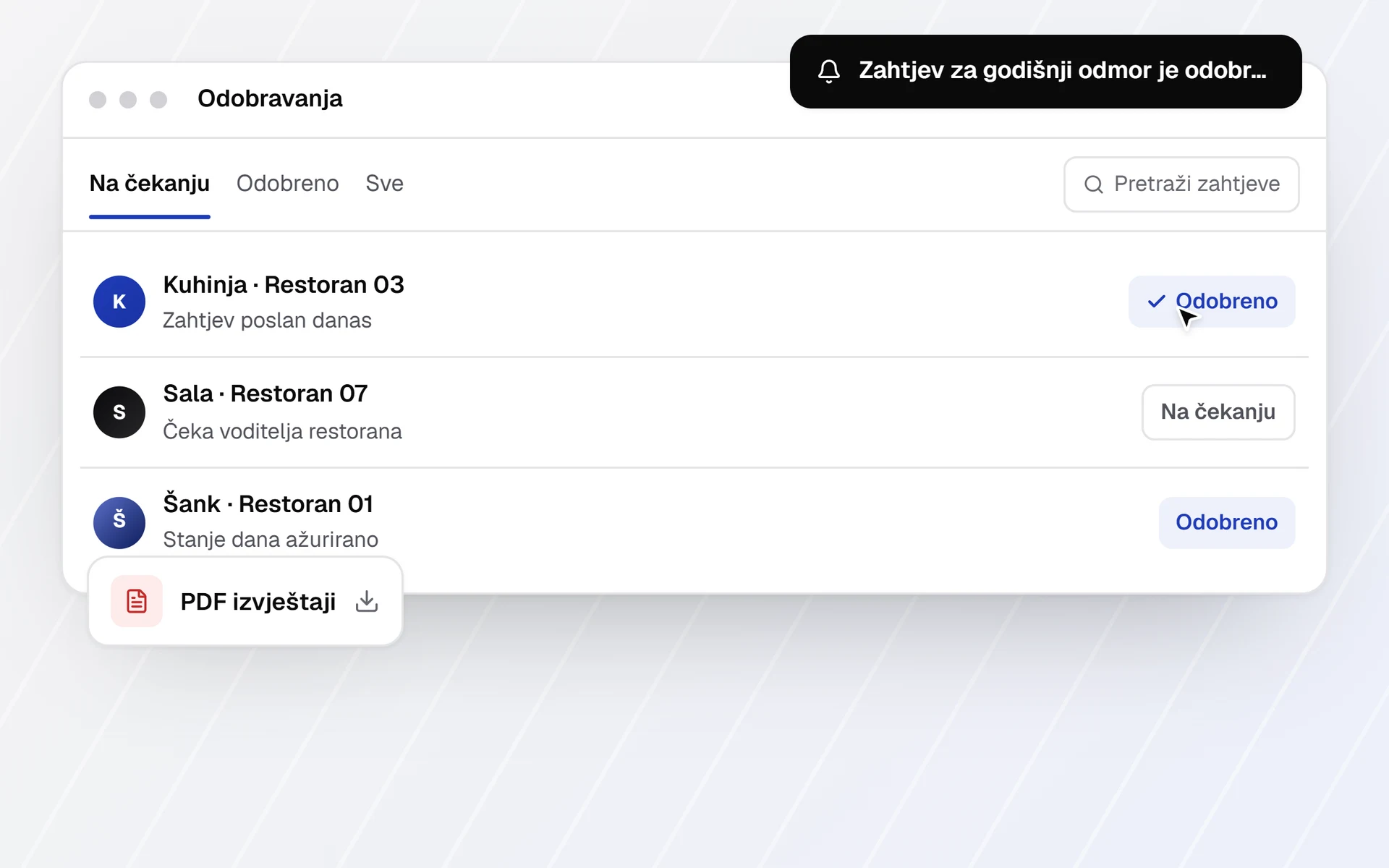 Ilustracija: web aplikacija sa zahtjevima na odobrenju, statusima i PDF izvještajem