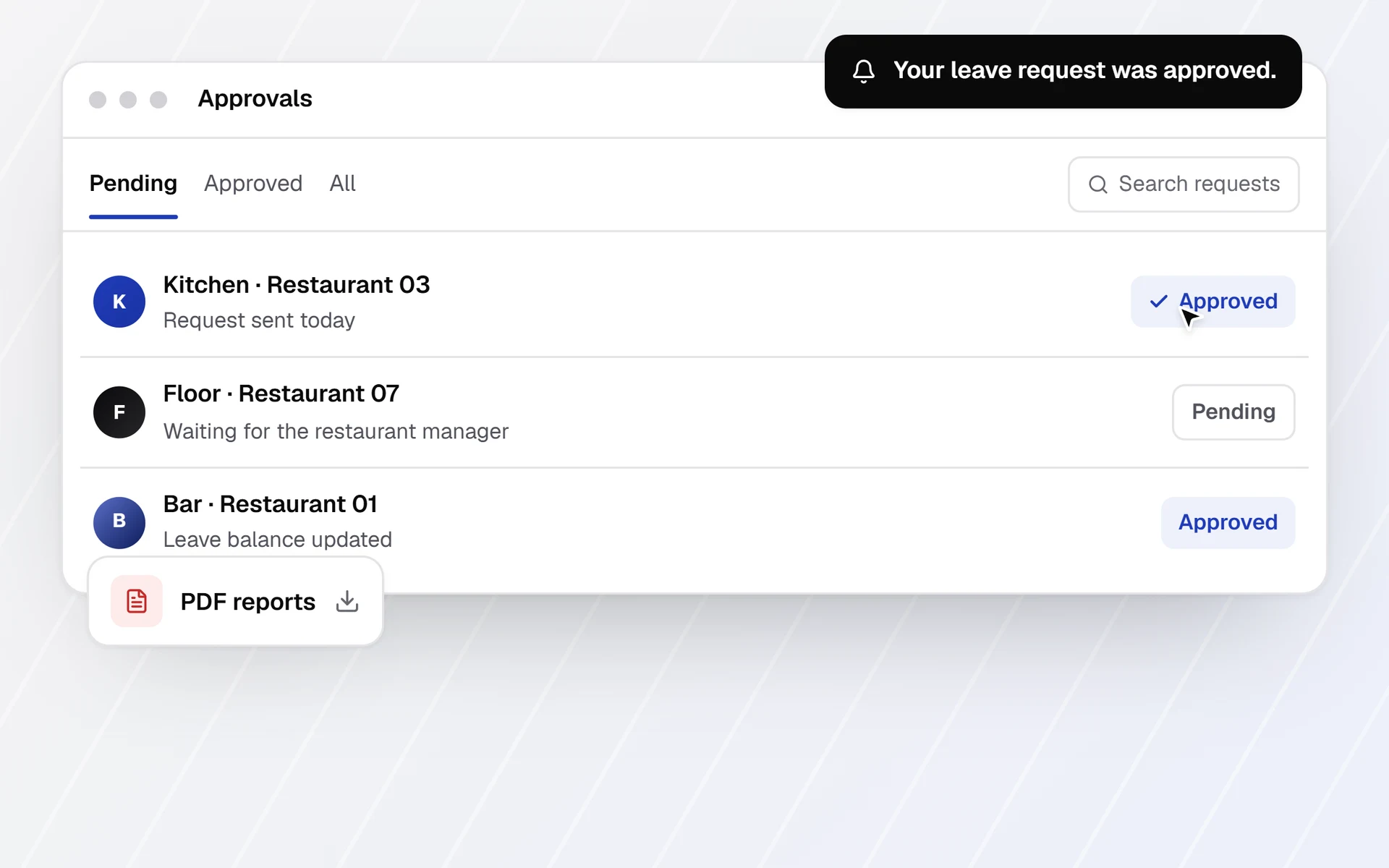 Illustration: web app with requests awaiting approval, statuses and a PDF report