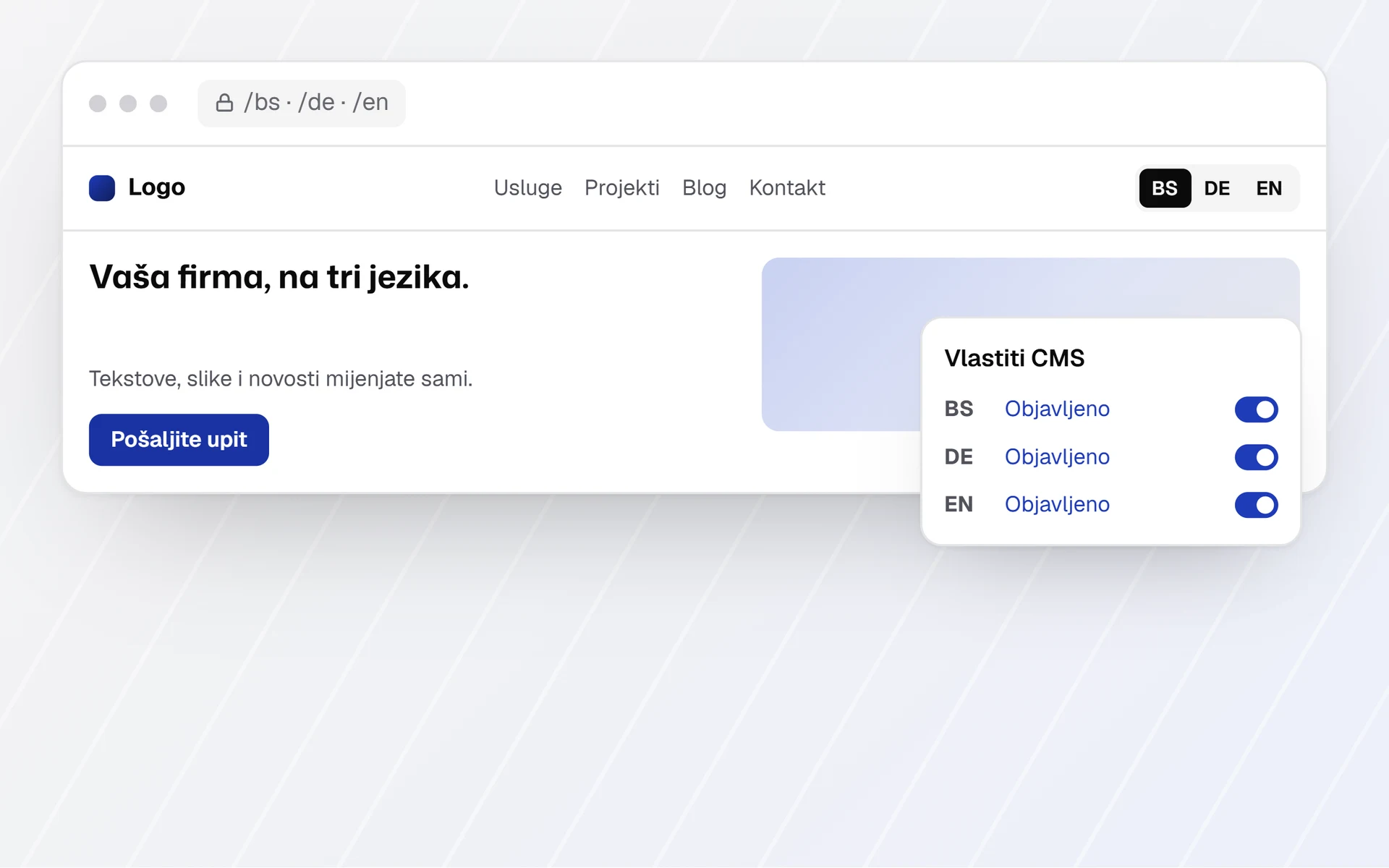 Ilustracija: web stranica na tri jezika i CMS s objavom po jeziku
