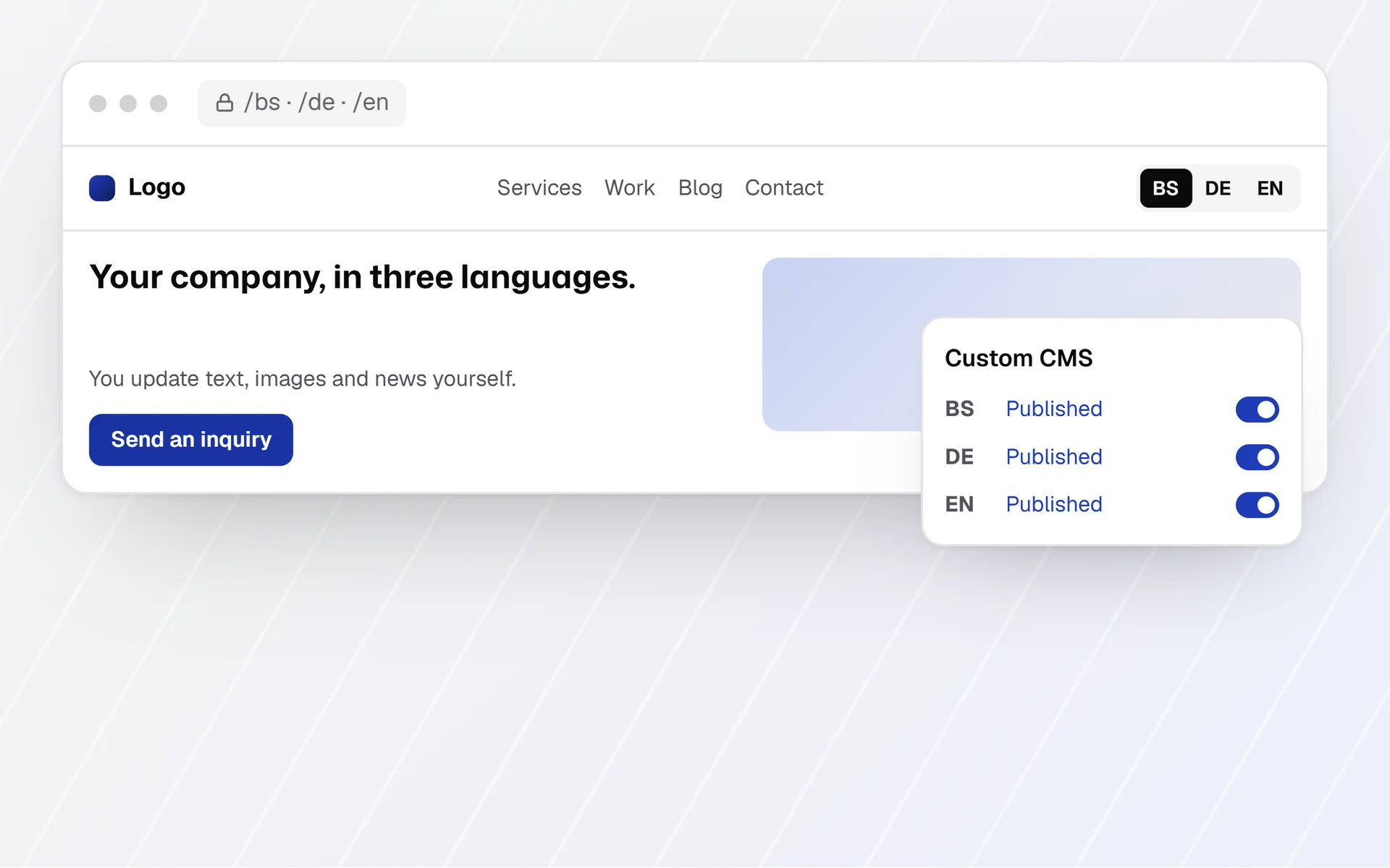 Illustration: website in three languages and a CMS with publishing per language